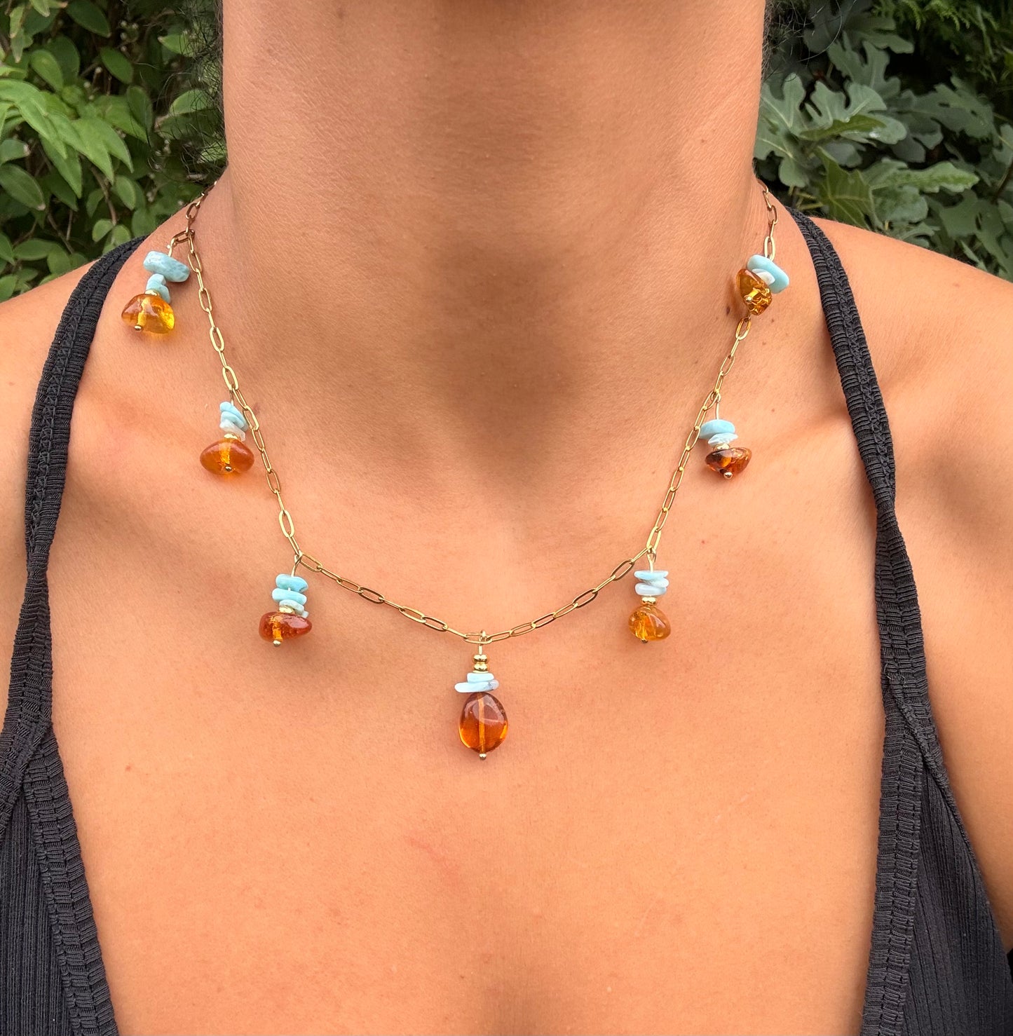 Larimar & Ambar gold Stainless steel chocker