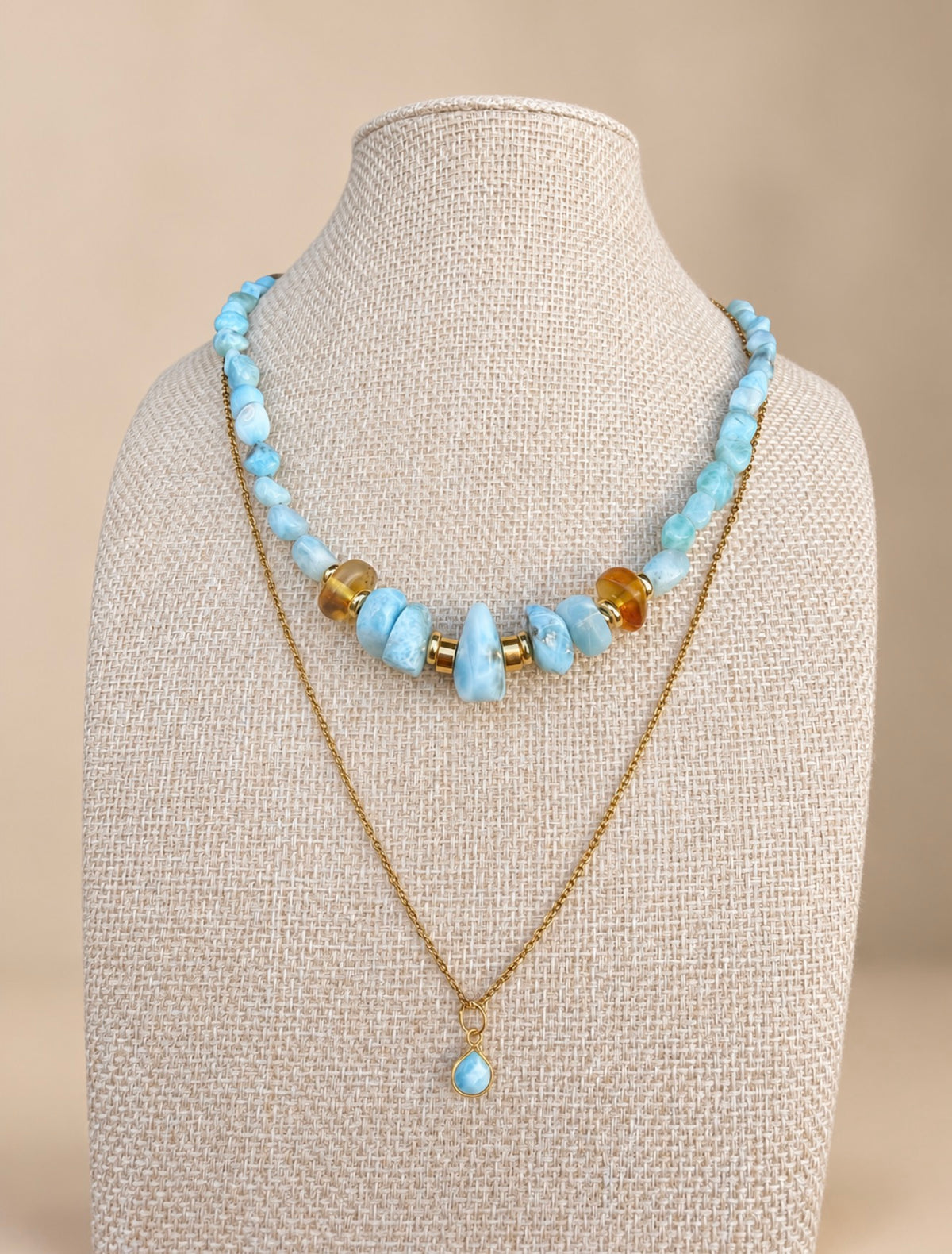 Larimar ambar & Stainless steel chain set