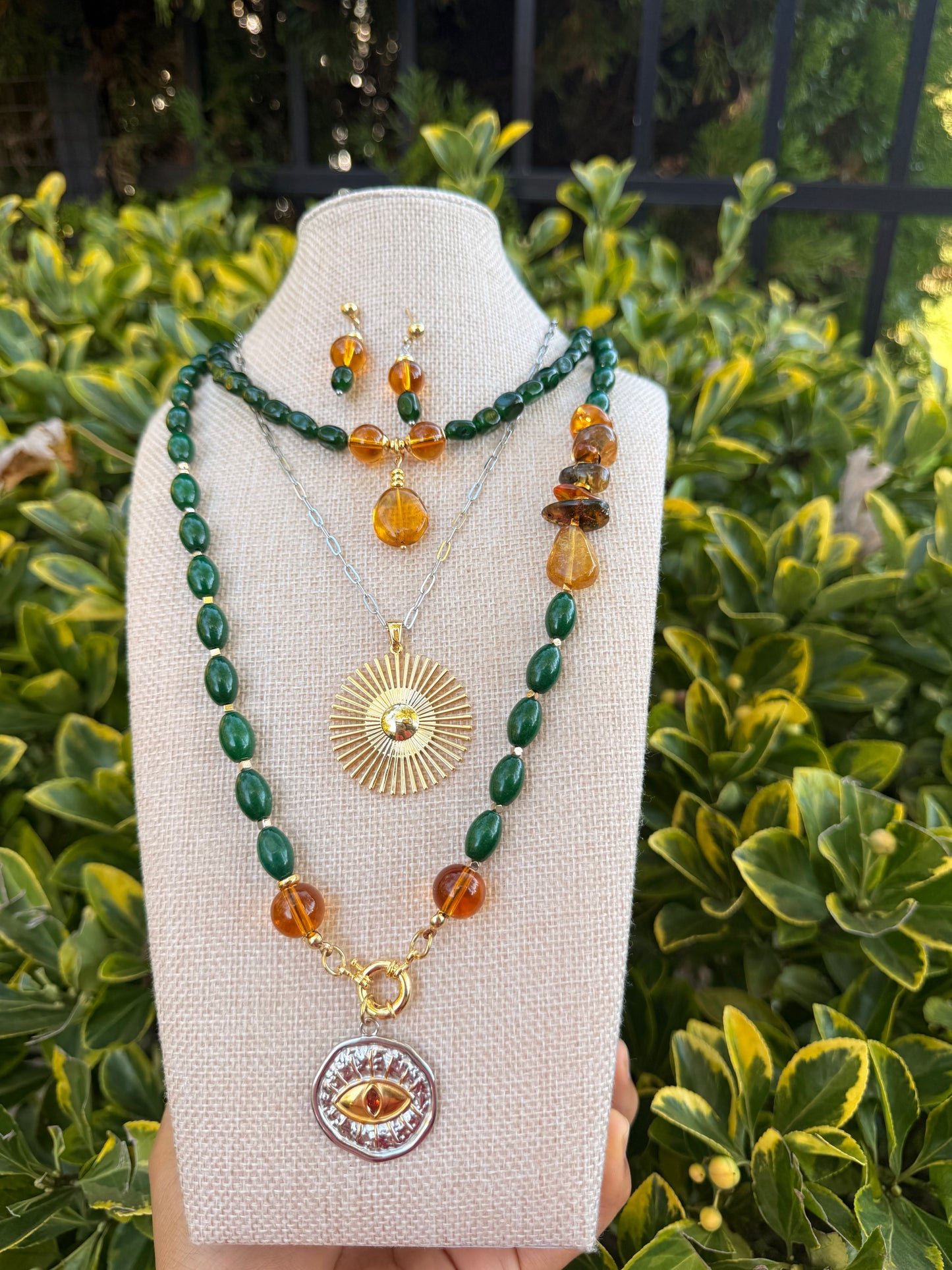 Dominican Ambar & Dyed Emerald Jade Bohemian set