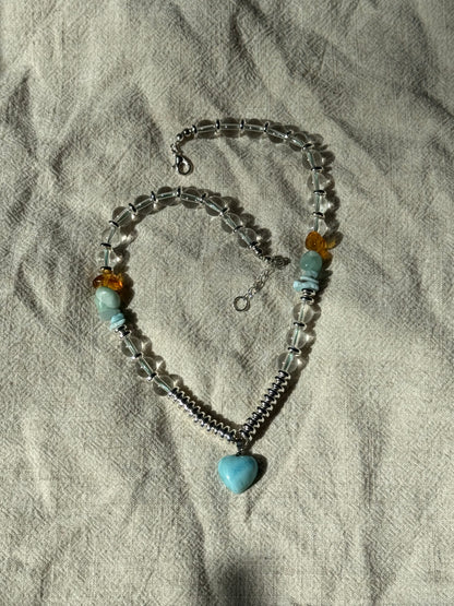 Blue larimar pedant, Dominican Ambar, Brazilian quartz neclace.