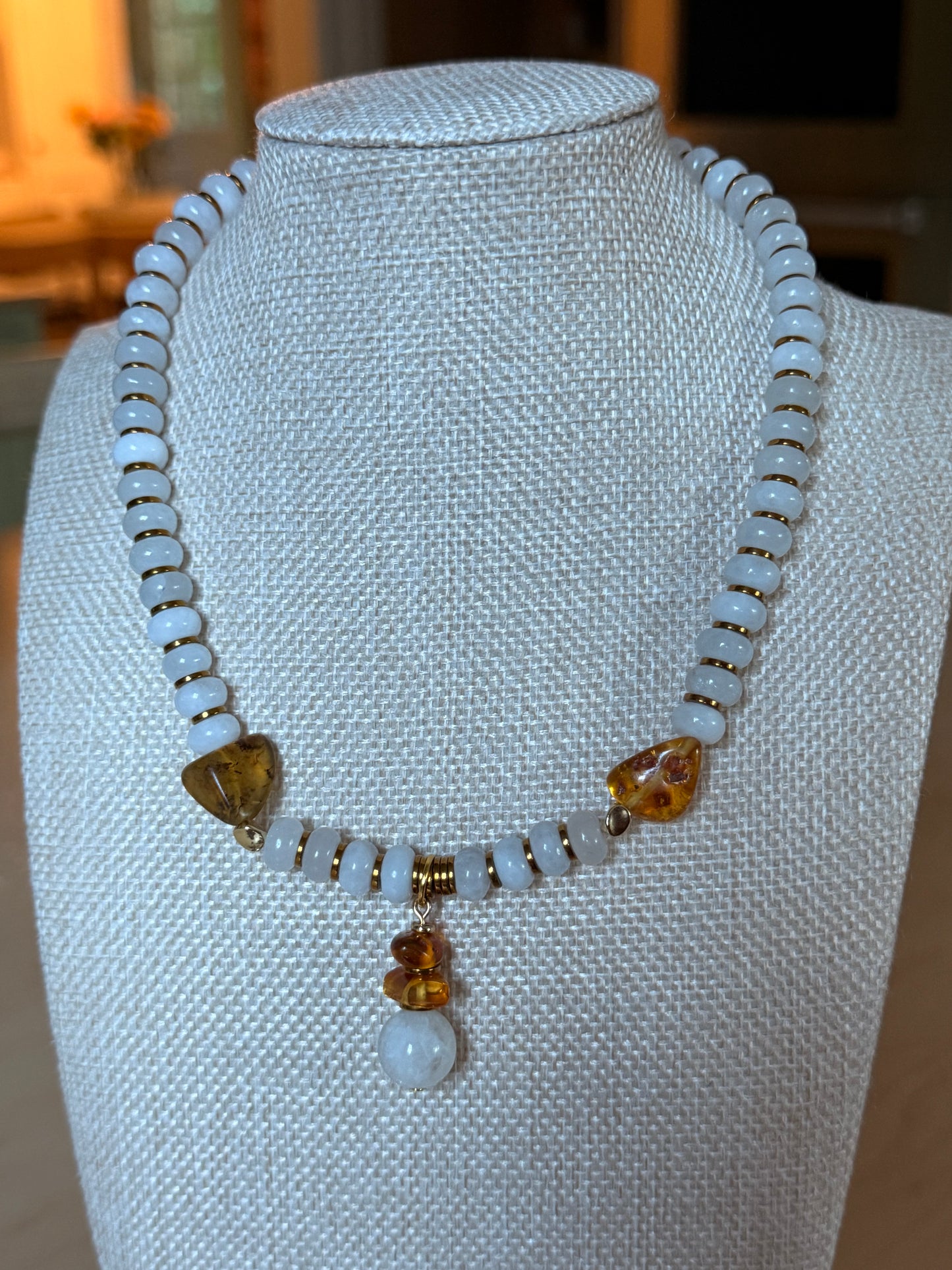 White jade , Amber and moonstone pedant necklace