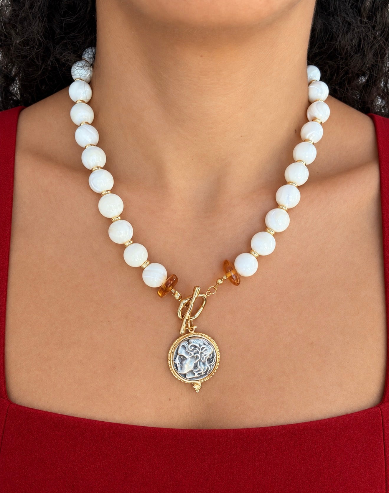 Mother of pearl , Mediterranean coin romantic necklace with dominican ambar chips