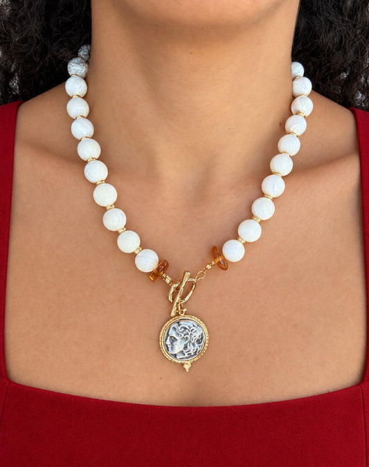 Mother of pearl , Mediterranean coin romantic necklace with dominican ambar chips