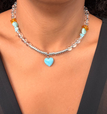Blue larimar pedant, Dominican Ambar, Brazilian quartz neclace.