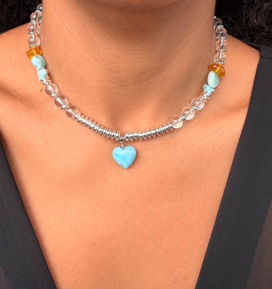 Blue larimar pedant, Dominican Ambar, Brazilian quartz neclace.