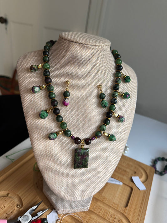 Ruby zoisite & garnet purple pearl necklace set
