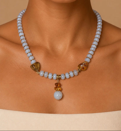 White jade , Amber and moonstone pedant necklace