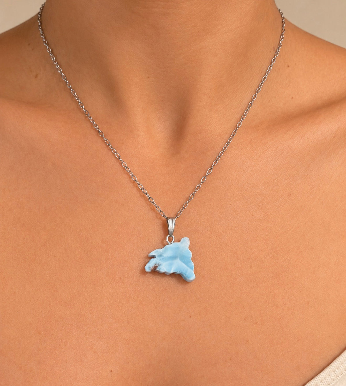 Larimar Map with PVD stainless steel chain silver