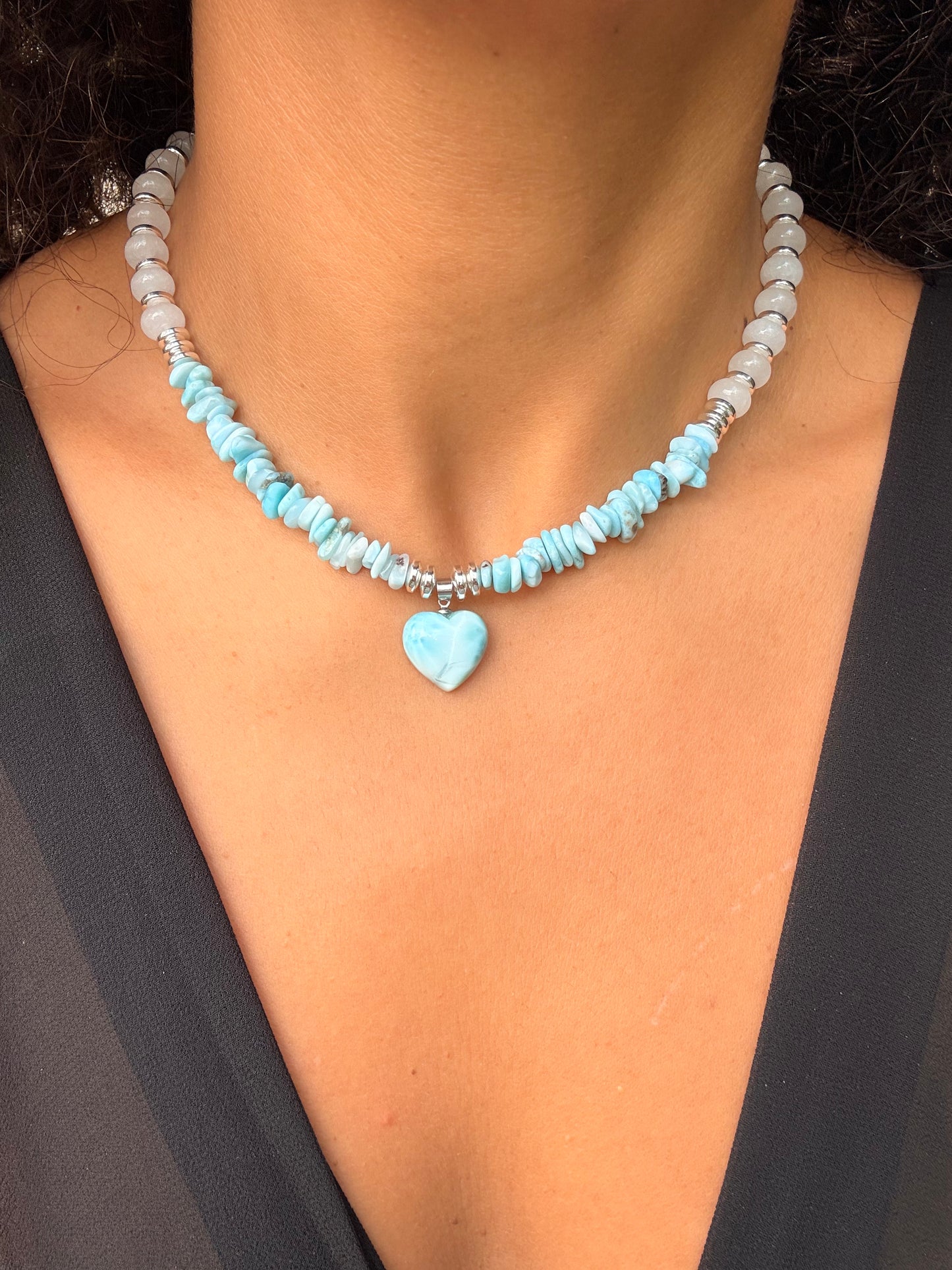 Blue Larimar/ white Jade  pedant necklace