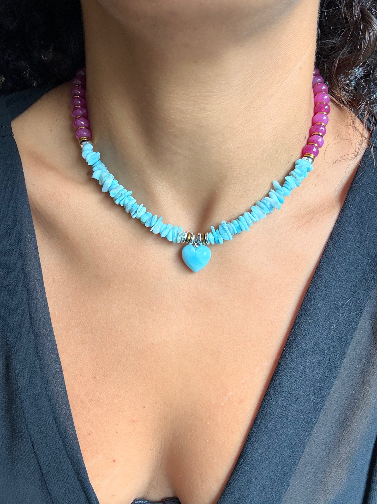 Blue Larimar/ white Jade  pedant necklace