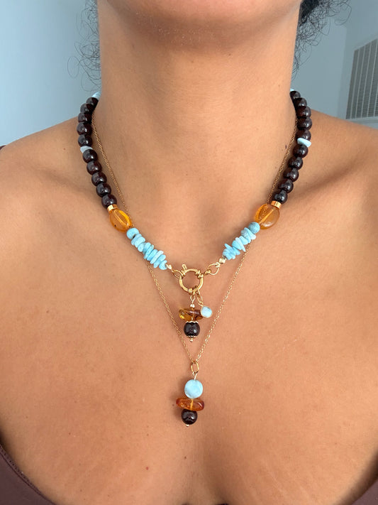 Natural Garnet+ Ambar & Larimar