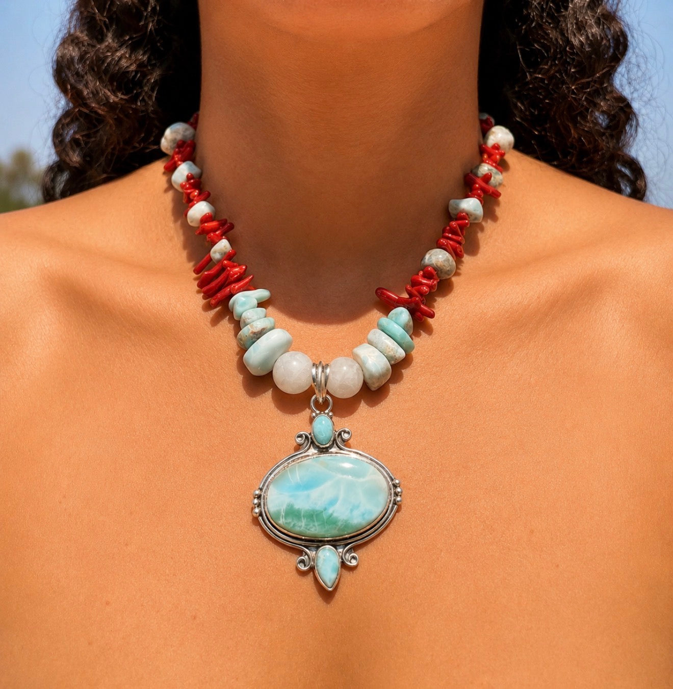 Dominican Larimar/ red coral victorian necklace