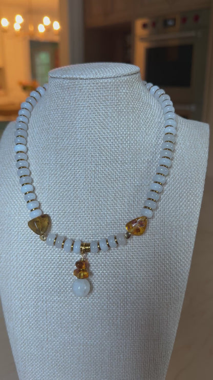 White jade , Amber and moonstone pedant necklace